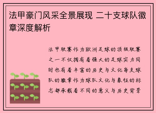 法甲豪门风采全景展现 二十支球队徽章深度解析